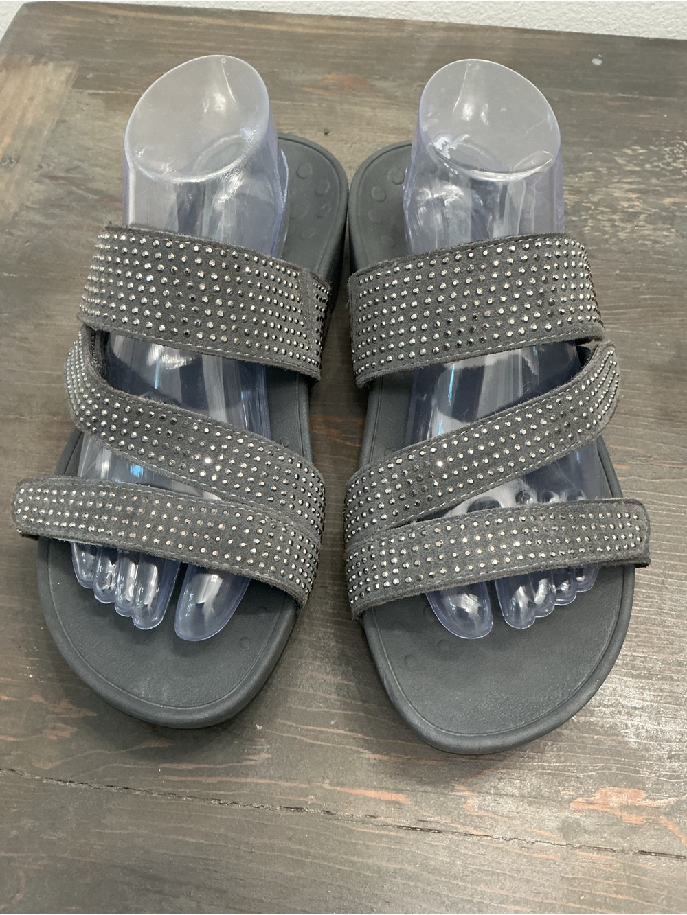 Vionic Pacific Alexis Gray Suede Rhinestone Platform Slide Sandals Size 10